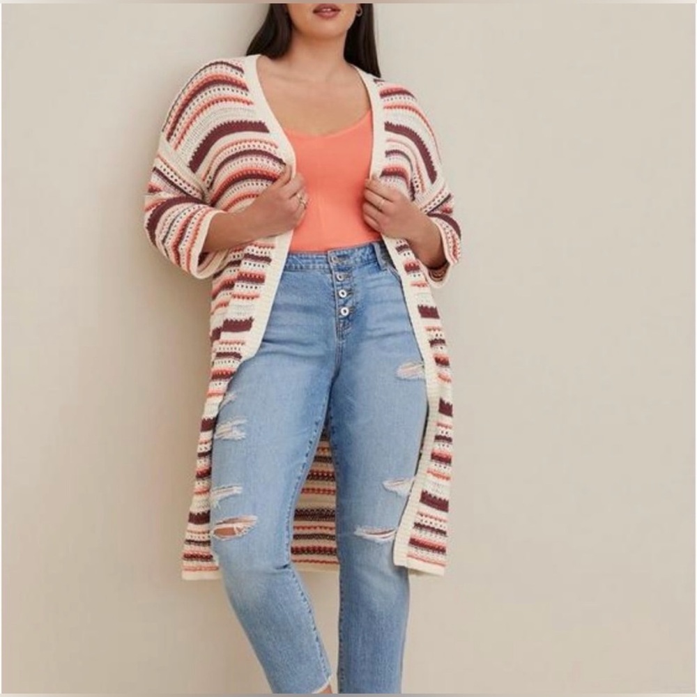 Torrid NWT Striped Multi-Stitch Crochet Duster Cardigan - Size 5X